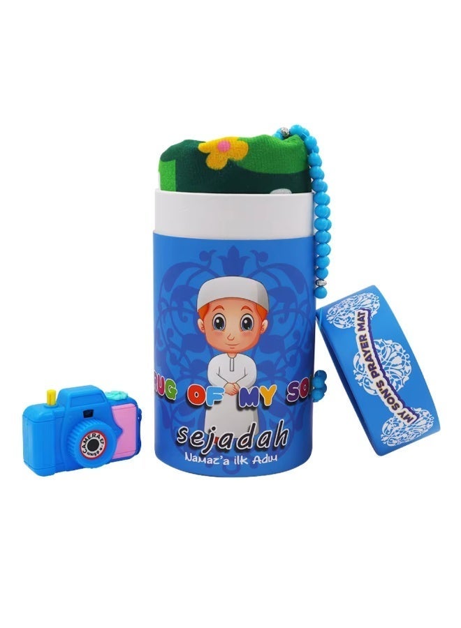echohaus Prayer Rug for Children Rosary,Tasbeeh and Camera,  Sajadah Salah Elegant Gift Box for Kids - Blue color - Image 1